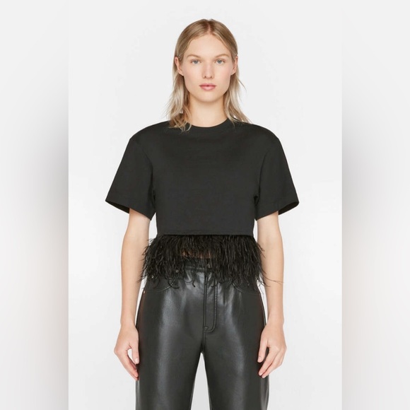 Frame Denim Tops - NWT $398 Frame Ostrich Feather Trim Crop T-Shirt In Noir